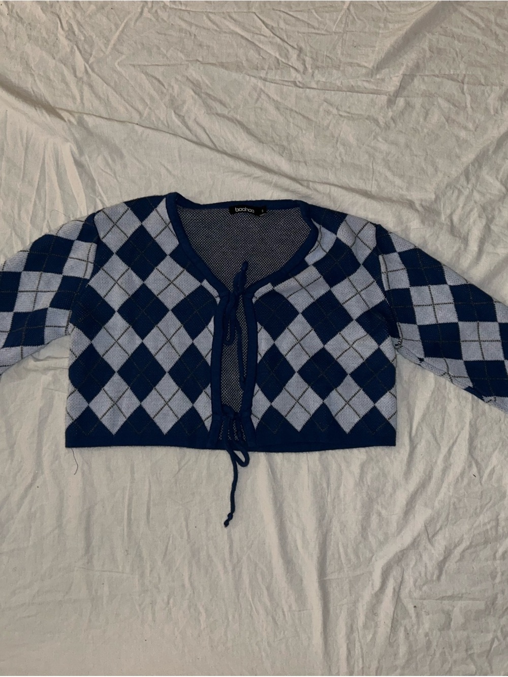 Boohoo Navy and Light Blue Argyle Cropped Tie-Front Cardigan